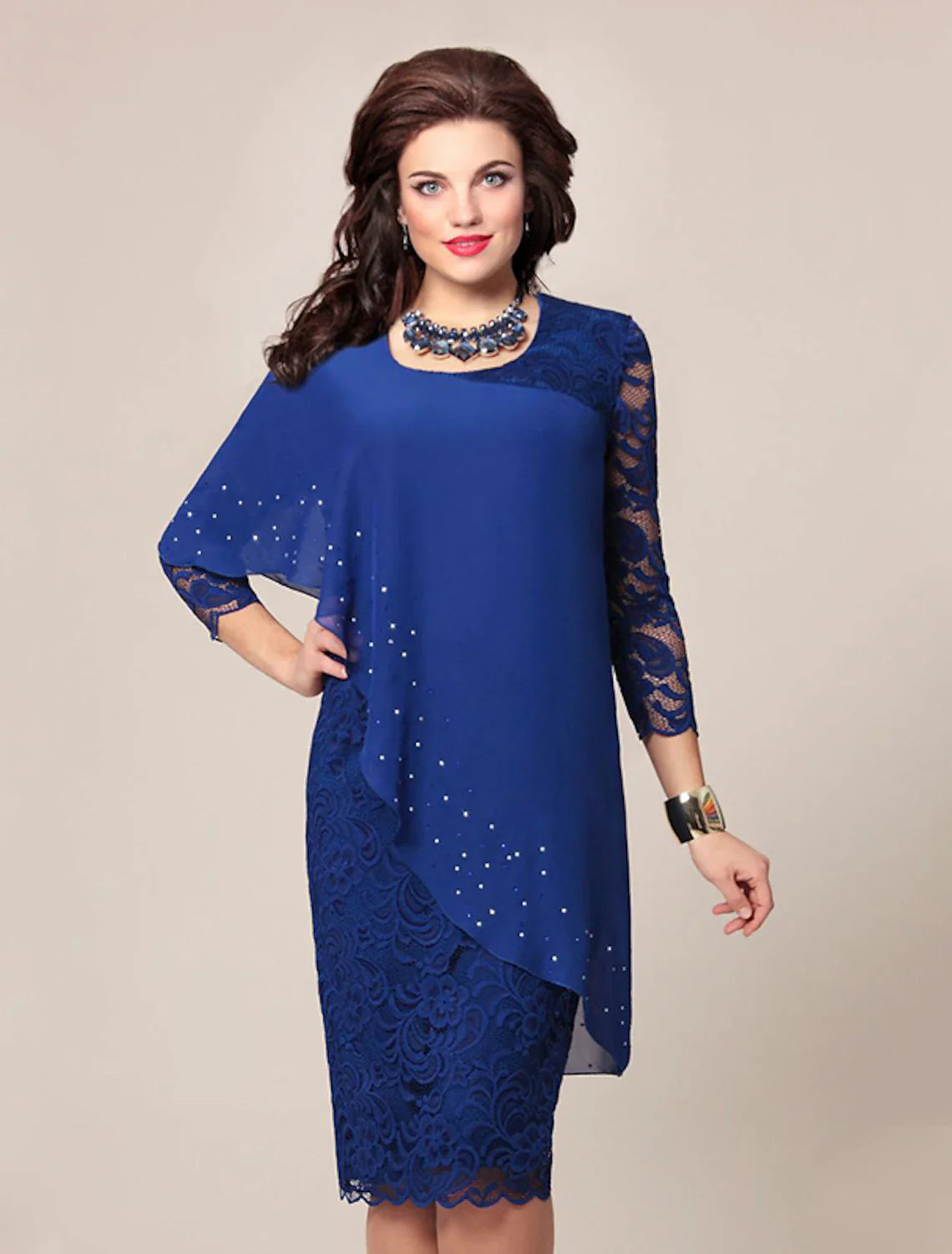 Wholesale Sheath / Column Mother of the Bride Dress Simple Elegant Jewel Neck Knee Length Chiffon 3/4 Length Sleeve with Lace Solid Color